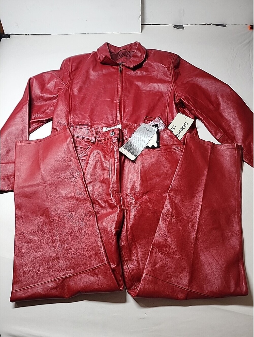 Womens Red Leather Outfit Jacket Size 14 Pants Size 12 Petite New